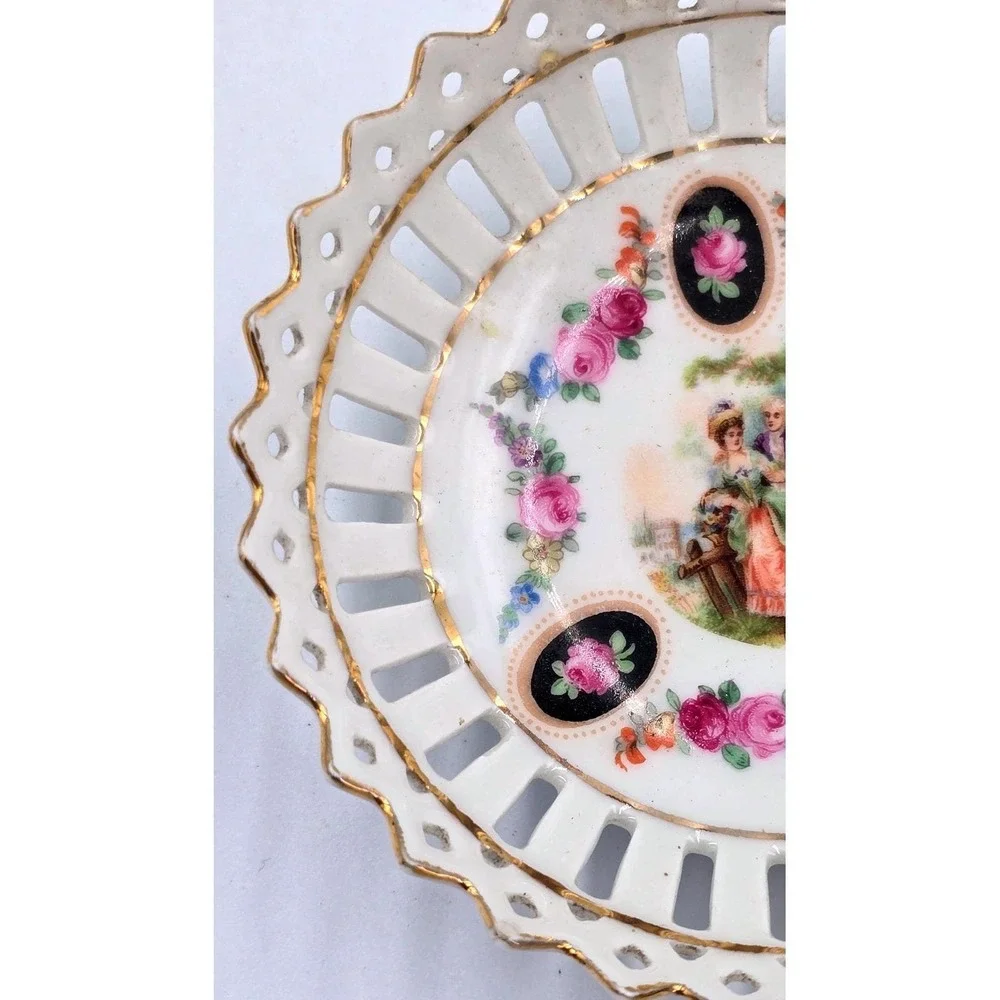 Vintage Bavaria‎ Reticulated Porcelain Dish Bowl Couple Pink Floral 3 7/8
